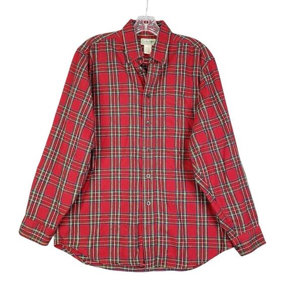 LL Bean Shirt Mens Red Plaid Flannel LS Button Down Size Medium M Cabin Lodge - Picture 2 of 11